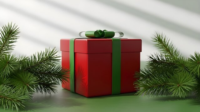 3D Minimal Christmas Background with Gift Box & Pine – Green and Red Festive Theme