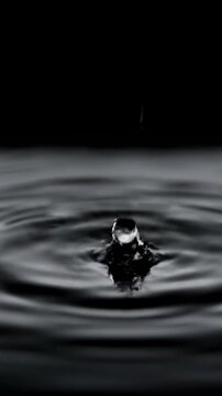 Ultra slow motion close-up shot of perfectly clear water ripples expanding across a dark reflective surface, creating concentric circles wave propagation, smooth, cinematic