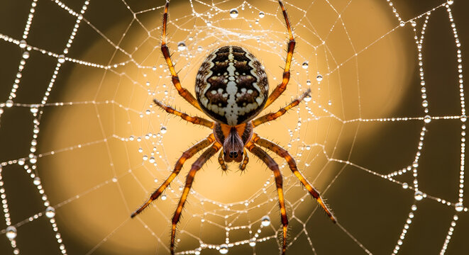Image is a close-up, high-resolution photograph of a spider on its web. The spider is centrally positioned, showcasing its intricate details. It has a round, patterned abdomen with a mix of brown, bla