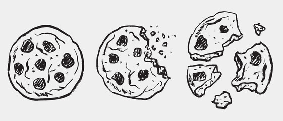 Hand drawn set of a chocolate chip cookie being eaten. Vector sketch illustration in vintage crayon charcoal style, ideal for food storytelling, snack branding, or playful culinary visuals.