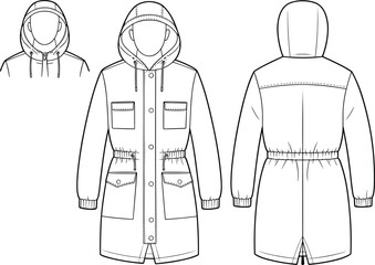 Fashion illustration of a hooded parka jacket front back and detail views coat outerwear © MdAbdur
