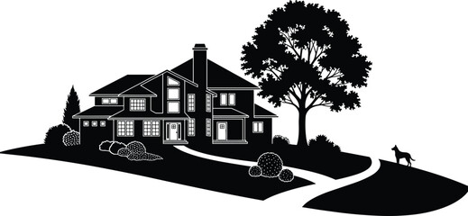 Residential silhouette, suburban house, driveway scene, dog presence, tree framing, black vector, peaceful layout, nature detail, home architecture, yard design