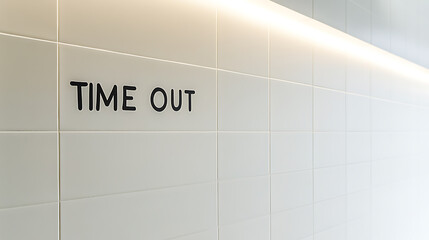 Minimalist wall art displaying a 'TIME OUT' message on bright white tiles. A moment to pause, reflect, or unwind is implied with its sleek design and contemporary style.