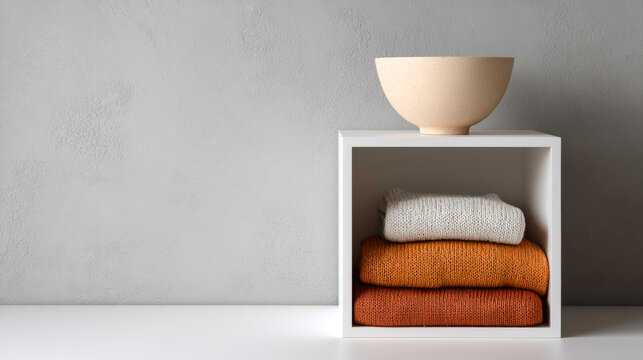 Minimalist home decor with folded knit sweaters in warm tones inside white cube shelf and ceramic bowl on top against textured gray wall - Powered by Adobe