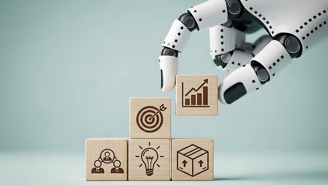 Robotic hand building a business strategy with wooden blocks automation artificial intelligence and achieving goals in modern technology
