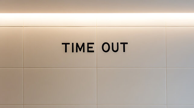 Minimalist wall decor featuring the phrase "TIME OUT" in bold black letters against a plain, tiled surface. Soft lighting accents the simple yet impactful design. A modern retreat.