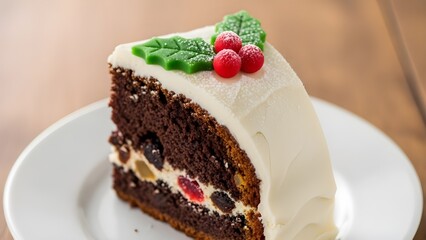 Festive Christmas Pudding with Holly Sprig and Warm Bokeh Background