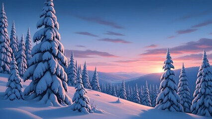 Snowy pine trees at sunset in a winter wonderland