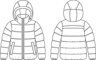 Front and back fashion illustration of a puffer jacket with hood winter coat outerwear