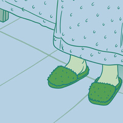 Illustration of a person wearing green slippers and a patterned gown.