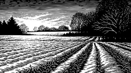 Fototapeta premium snowy open field glowing under a warm black and white sketch sunrise, creating a serene peaceful winter atmosphere perfect for Christmas 2026 visuals