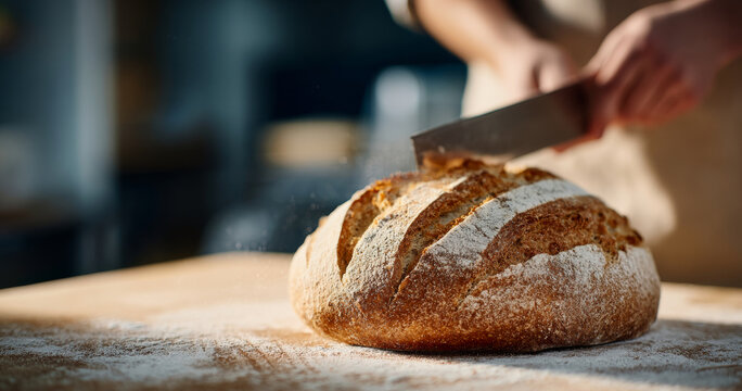 Close-up of freshly baked artisan bread being sliced on wooden surface with flour dust in a warm kitchen environment - Powered by Adobe