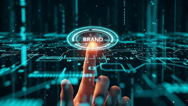 Digital brand activation a finger touches a glowing brand button on a futuristic interface with data streams and circuitry - Powered by Adobe