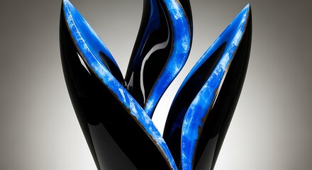Abstract artistic sculpture in blue and black glossy surface effect