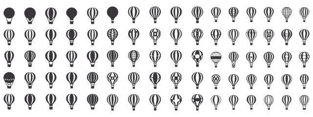 Black hot air balloon silhouette with stripes isolated on white background.