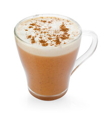 Delicious pumpkin latte in glass cup isolated on white