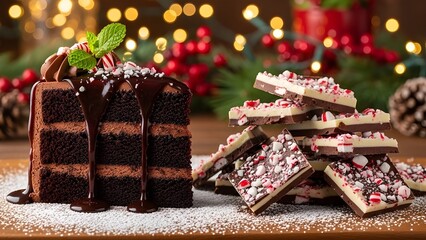 Festive Christmas Pudding with Holly Sprig and Warm Bokeh Background