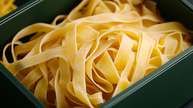 Close-up of fettuccine pasta in a green container; the pasta strands are neatly arranged, showcasing the rich yellow color. The image highlights culinary texture and simplistic elegance.