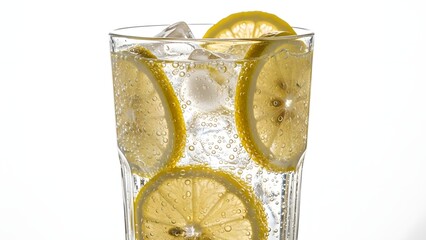 Sparkling water with lemon slices in tall glass on bright minimalist setup