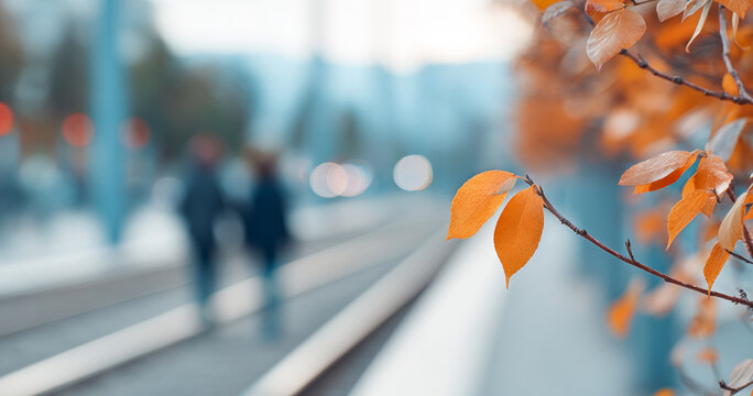 Close-up of orange autumn leaves on a branch with blurred background of two people walking along railway tracks in soft daylight