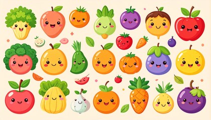 Adorable kawaii food characters illustration, smiling fruits and vegetables with expressive faces, bright color palette, soft shading, playful and cheerful style, perfect for stickers and children&rsquo;s d