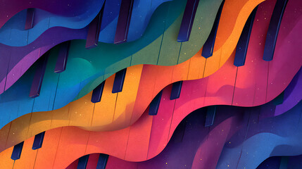 Vibrant and colorful piano keyboard art, music performance promotion, creative music education, musical instruments, and joyful melody, inspiring art projects