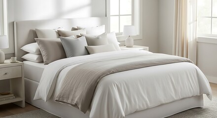Serene bedroom scene with a plush bed and neutral tones design touch