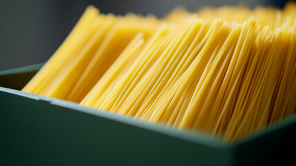 A box filled with uncooked pasta. The strands of pasta are neatly aligned and densely packed, suggesting freshness and abundance. The box's color offers a subtle contrast.