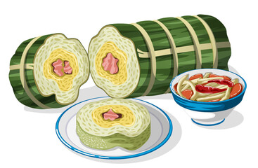 Banh Tet Cutout Showing the Filling with Sliced Piece on Plate & Dua Mon Side Dish of Pickled Vegetables. Vietnamese Lunar New Year Tet Food Vector Illustration