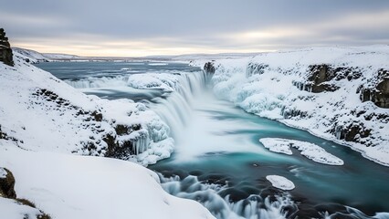 Gullfoss waterfall in winter iceland with snow and ice