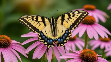 Eastern Tiger Swallowtail butterfly with vibrant yellow wings and black stripes isolated on a white background, fluttering, yellow wings, wildlife photography, Lepidoptera, detail