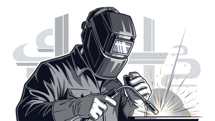 Black and white illustration of a welder wearing a helmet and gloves sparks fly