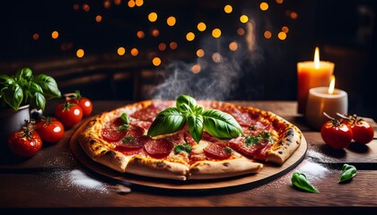 Collection of photos of wood-fired pizza with bubbling melted cheese, golden crispy crust, rustic tomato sauce, fresh basil, gourmet pepperoni, festive holiday table, cozy winter ambiance, seasonal 