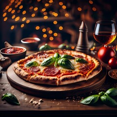 Collection of photos of wood-fired pizza with bubbling melted cheese, golden crispy crust, rustic tomato sauce, fresh basil, gourmet pepperoni, festive holiday table, cozy winter ambiance, seasonal 
