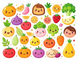 Fototapeta premium Adorable kawaii food characters illustration, smiling fruits and vegetables with expressive faces, bright color palette, soft shading, playful and cheerful style, perfect for stickers and children’s d