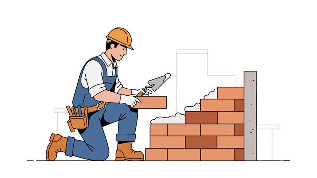 Cartoon construction worker kneeling laying a brick wall with mortar
