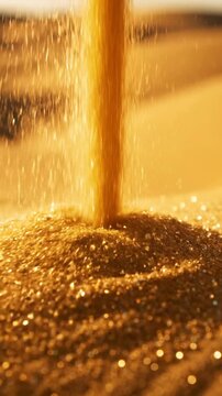 Ultra slow motion macro shot of golden fine desert sand grains continually pouring and shifting across a vast, endless surface environment, purity, slow motion