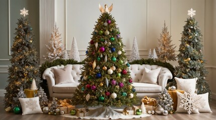 "Stylish Christmas Interior Tree White Sofa Festive Decorations Holiday Home"