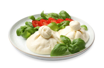 Delicious burrata cheese with basil and tomatoes isolated on white