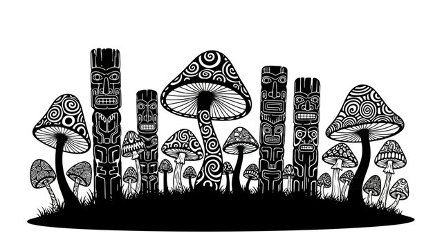 Whimsical forest of tribal totem poles and psychedelic mushrooms