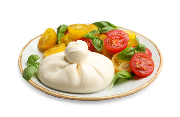 Delicious burrata cheese with basil and tomatoes isolated on white