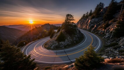 red car amidst green canopy aerial view of a road cutting through the forest