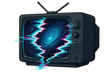 Retro tv displaying cosmic galaxy distortion with digital glitch effect, exploring concepts of space, technology, and surrealism