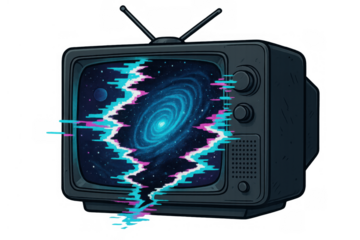 Retro tv displaying cosmic galaxy distortion with digital glitch effect, exploring concepts of space, technology, and surrealism