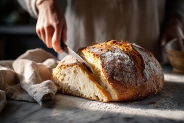 Fresh Artisan Bread Being Sliced in Warm Bakery Setting for Rustic Home Baking