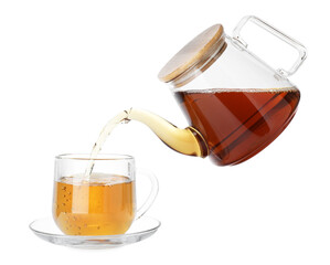 Pouring hot tea into cup from teapot on white background