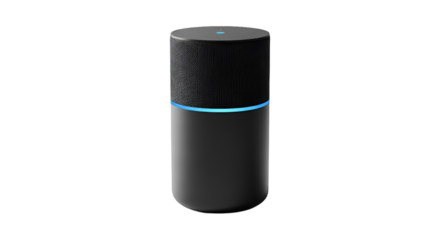 Sleek Smart Speaker with Blue Glowing Lights Against a Dark Grey Background