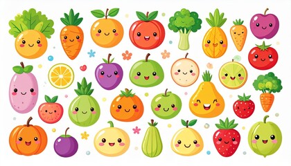 Fototapeta premium Adorable kawaii food characters illustration, smiling fruits and vegetables with expressive faces, bright color palette, soft shading, playful and cheerful style, perfect for stickers and children’s d