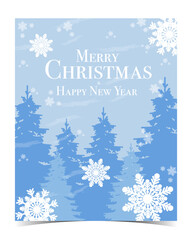 Winter Christmas card with snowflakes and forest background