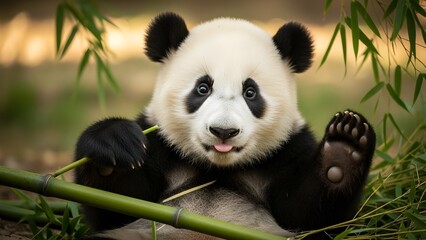 A cute cartoon panda eating bamboo, 2D animation, white background